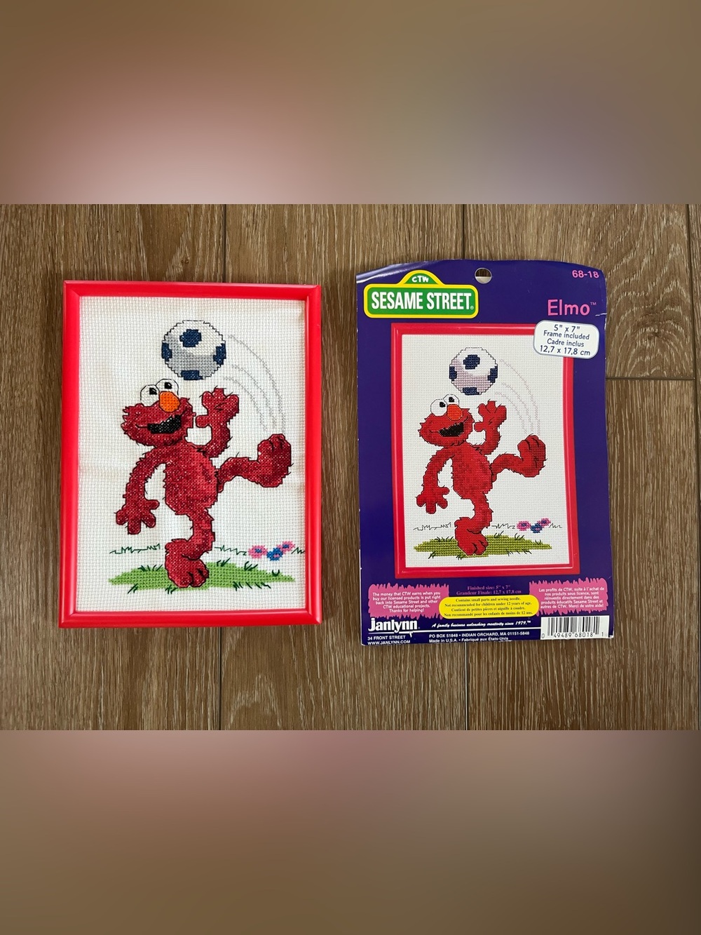Completed Sesame Street Elmo Soccer Red Framed Cross Stitch